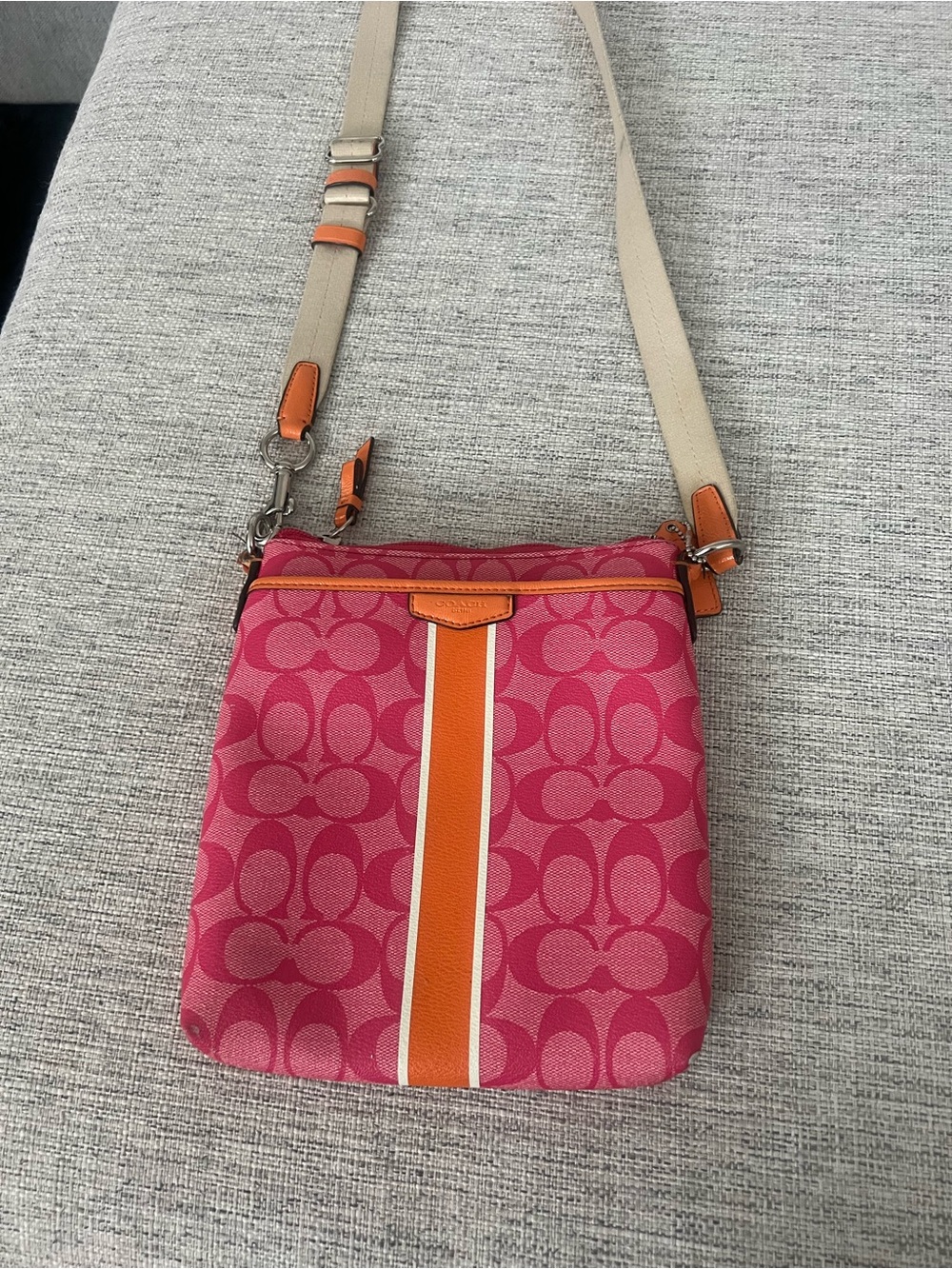 VintageCoach Pink Signature Crossbody with Orange Center Stripe